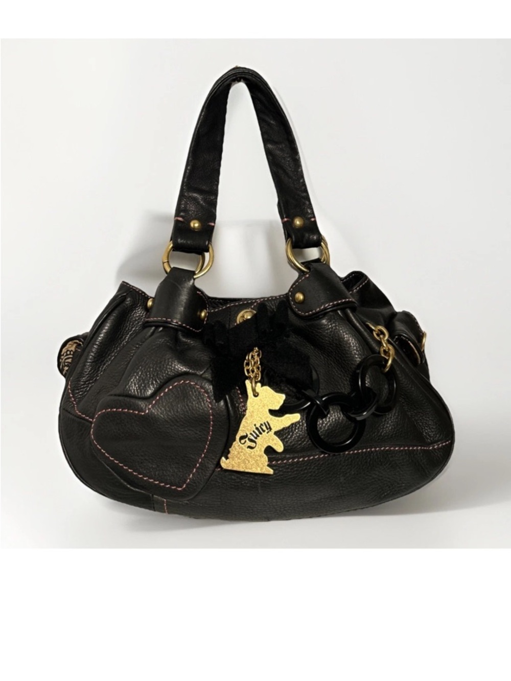 Vintage Juicy Couture Leather Handbag w/ Pink Stitching & hearts Scottie Hangtag